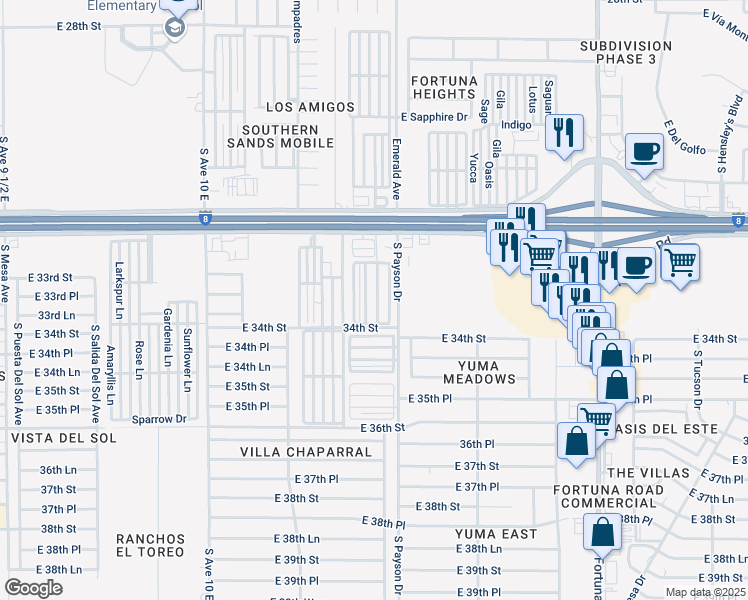 map of restaurants, bars, coffee shops, grocery stores, and more near 10460 East 34th Street in Yuma