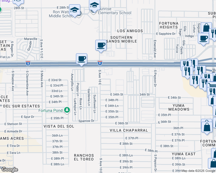 map of restaurants, bars, coffee shops, grocery stores, and more near South Avenue 10 East in Yuma