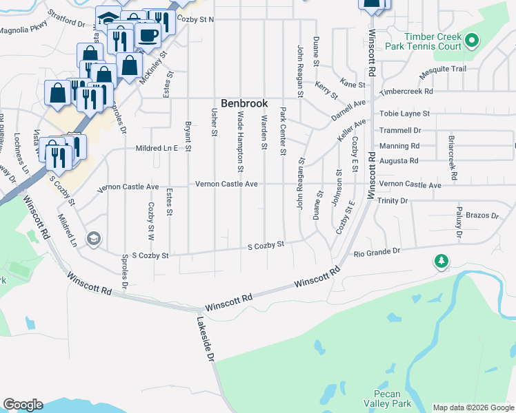 map of restaurants, bars, coffee shops, grocery stores, and more near 1202 Warden Street in Benbrook