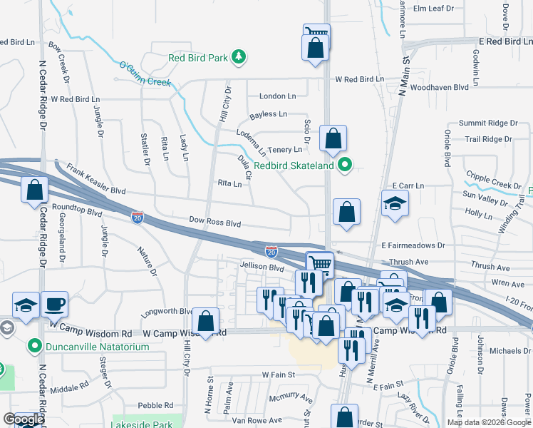 map of restaurants, bars, coffee shops, grocery stores, and more near 315 Frank Keasler Boulevard in Duncanville