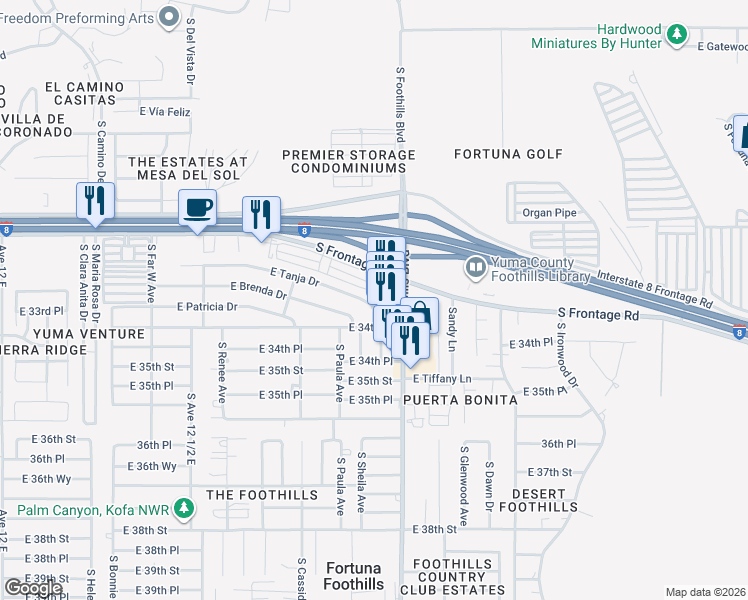 map of restaurants, bars, coffee shops, grocery stores, and more near 12839 South Frontage Road in Yuma