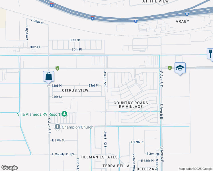 map of restaurants, bars, coffee shops, grocery stores, and more near Avenue 5 1/2 East in Yuma