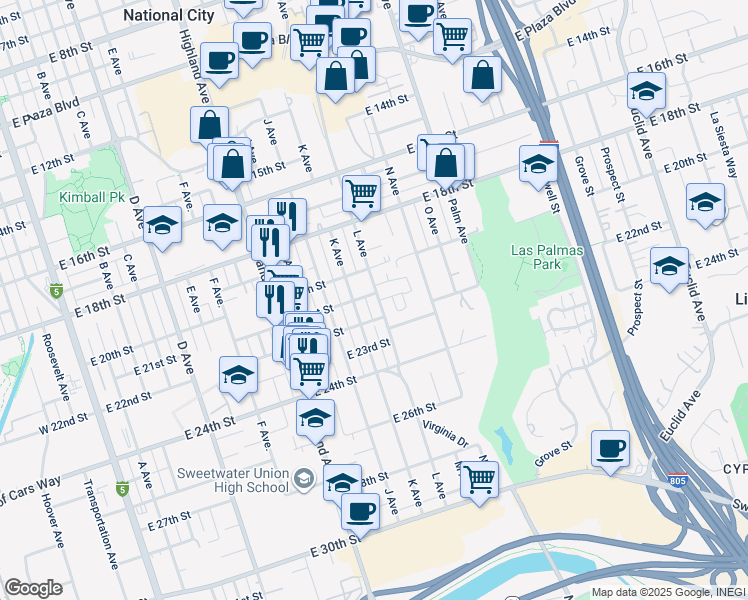 map of restaurants, bars, coffee shops, grocery stores, and more near 2039 L Avenue in National City