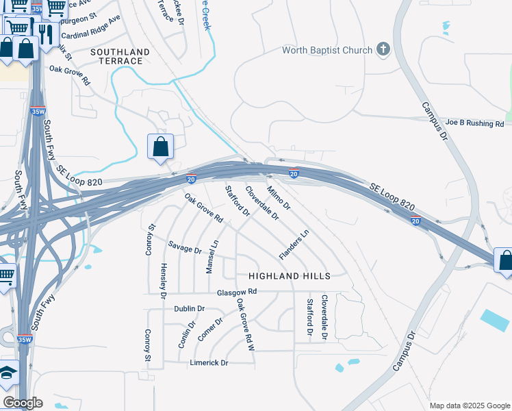 map of restaurants, bars, coffee shops, grocery stores, and more near 1317 Cloverdale Drive in Fort Worth