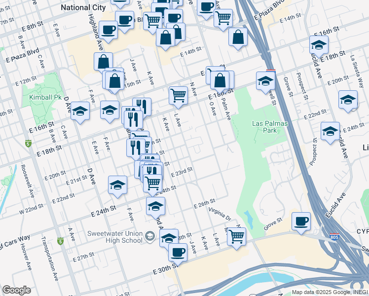 map of restaurants, bars, coffee shops, grocery stores, and more near 2110 L Avenue in National City