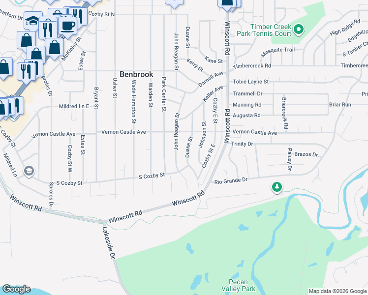 map of restaurants, bars, coffee shops, grocery stores, and more near 1212 Duane Street in Benbrook