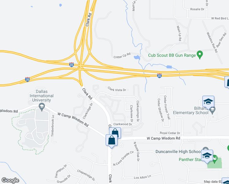 map of restaurants, bars, coffee shops, grocery stores, and more near 6908 Clark Vista Drive in Dallas