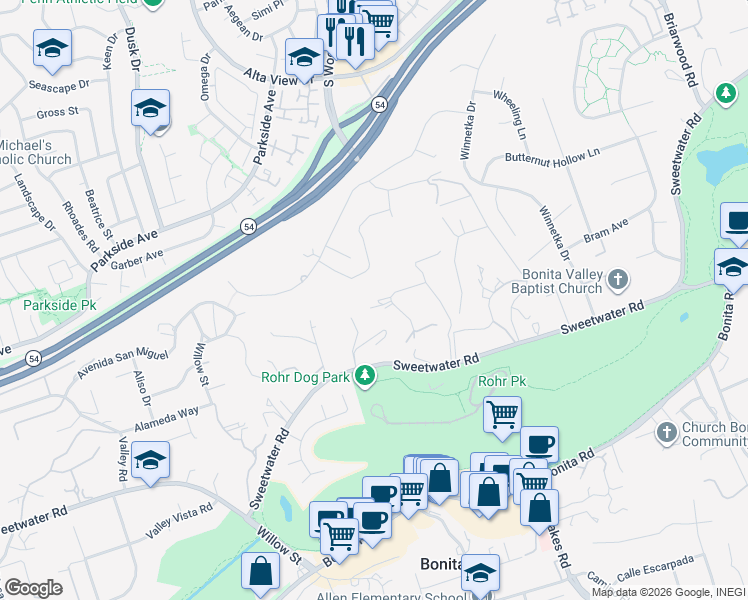 map of restaurants, bars, coffee shops, grocery stores, and more near 3498 Via Mandril in Bonita