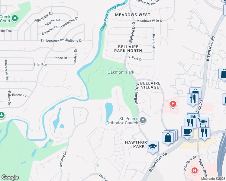 map of restaurants, bars, coffee shops, grocery stores, and more near 5753 Forest Highlands Drive in Fort Worth