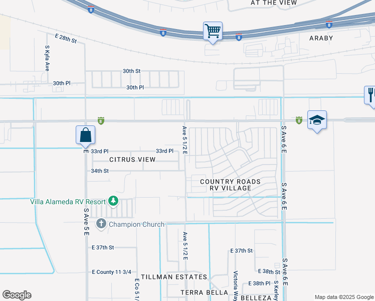 map of restaurants, bars, coffee shops, grocery stores, and more near Avenue 5 1/2 East in Yuma