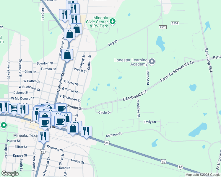 map of restaurants, bars, coffee shops, grocery stores, and more near 831 East McDonald Street in Mineola