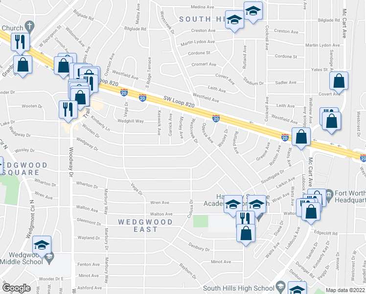 map of restaurants, bars, coffee shops, grocery stores, and more near 5312 Wooten Drive in Fort Worth