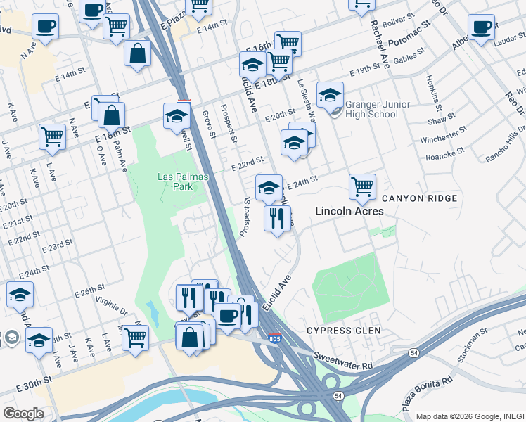 map of restaurants, bars, coffee shops, grocery stores, and more near 2400 Euclid Avenue in National City