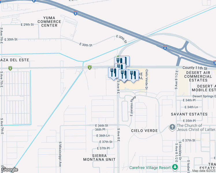 map of restaurants, bars, coffee shops, grocery stores, and more near 3370 South Avenue 8 East in Yuma
