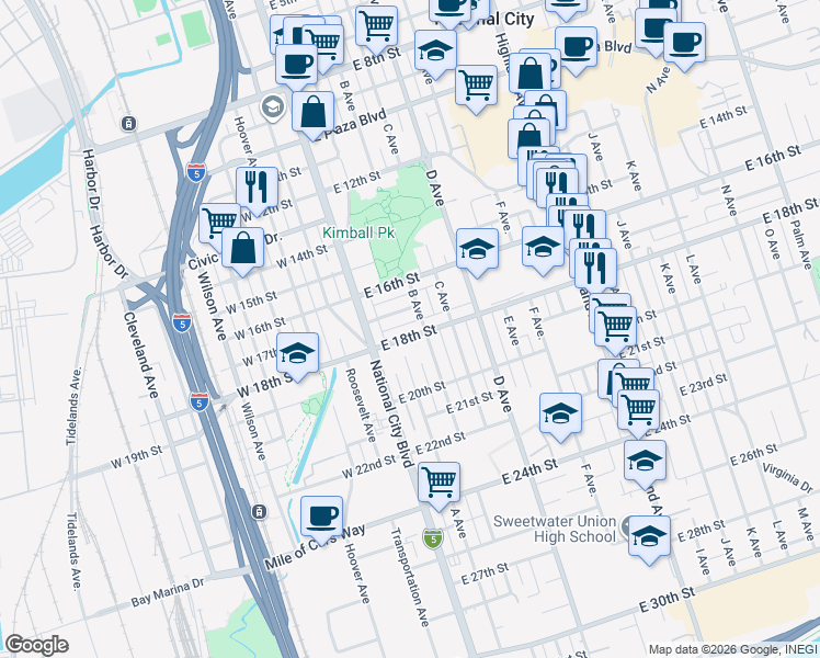 map of restaurants, bars, coffee shops, grocery stores, and more near 140 East 17th Street in National City