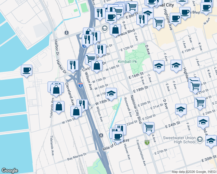 map of restaurants, bars, coffee shops, grocery stores, and more near 221 West 16th Street in National City