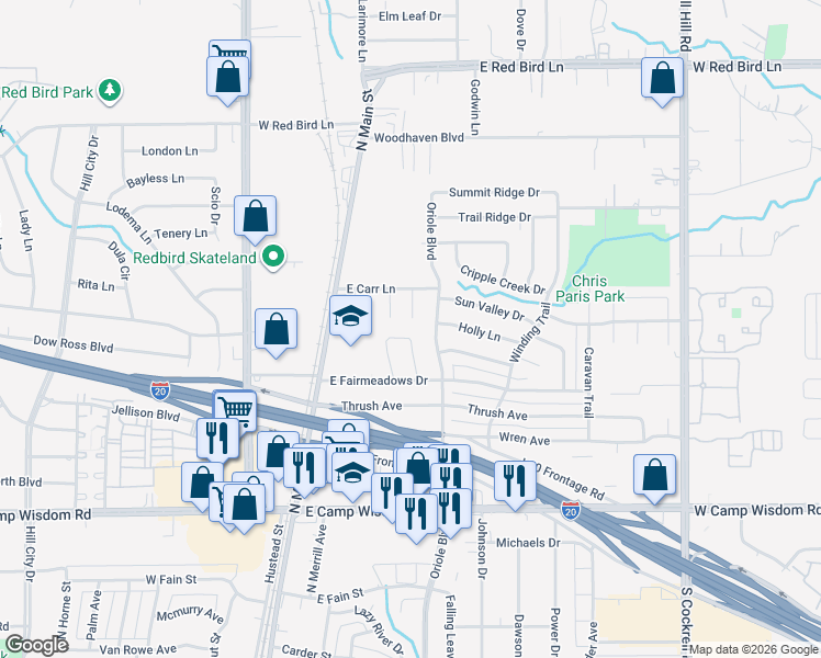 map of restaurants, bars, coffee shops, grocery stores, and more near 1211 Oriole Boulevard in Duncanville