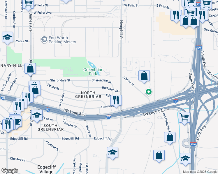map of restaurants, bars, coffee shops, grocery stores, and more near 817 Sharondale Street in Fort Worth