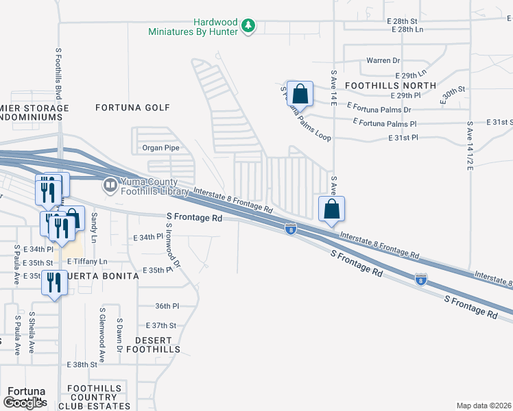 map of restaurants, bars, coffee shops, grocery stores, and more near 13610 N Frontage Rd in Yuma