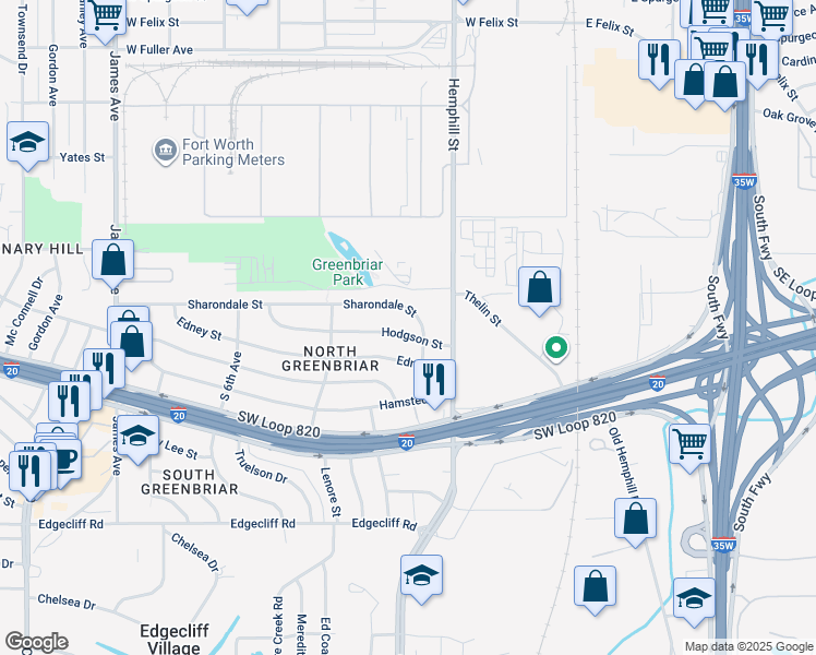 map of restaurants, bars, coffee shops, grocery stores, and more near 817 Sharondale Street in Fort Worth