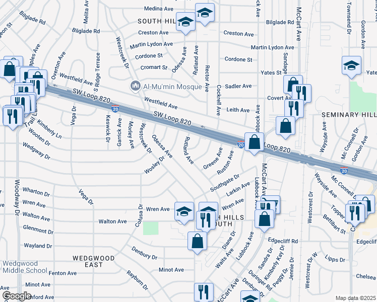 map of restaurants, bars, coffee shops, grocery stores, and more near 5229 Rutland Avenue in Fort Worth