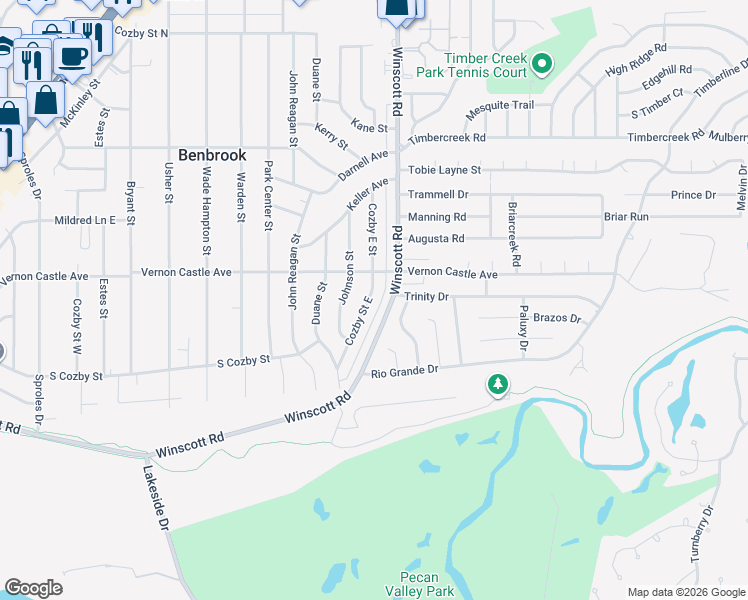 map of restaurants, bars, coffee shops, grocery stores, and more near 1209 Cozby Street East in Benbrook