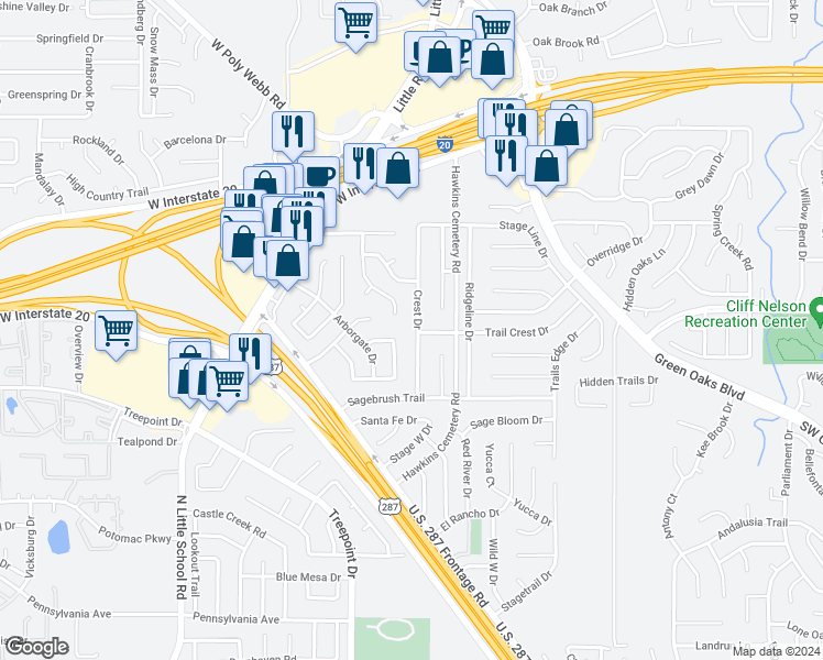 map of restaurants, bars, coffee shops, grocery stores, and more near 4820 Crest Drive in Arlington