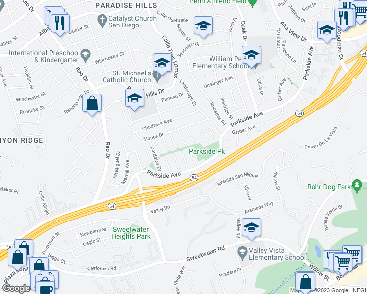 map of restaurants, bars, coffee shops, grocery stores, and more near 2980 Ares Way in San Diego