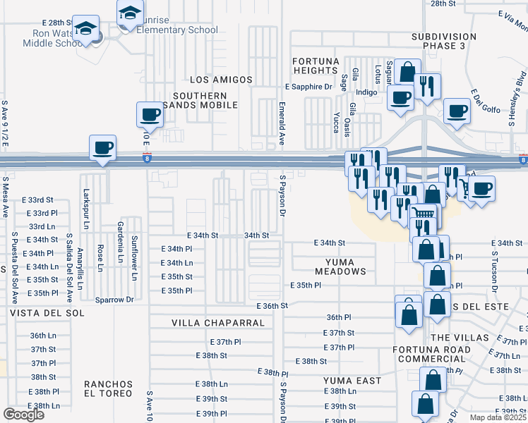 map of restaurants, bars, coffee shops, grocery stores, and more near 10460 East 34th Street in Yuma