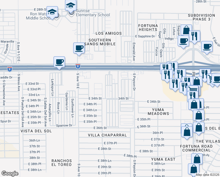map of restaurants, bars, coffee shops, grocery stores, and more near 10247 South Frontage Road in Yuma