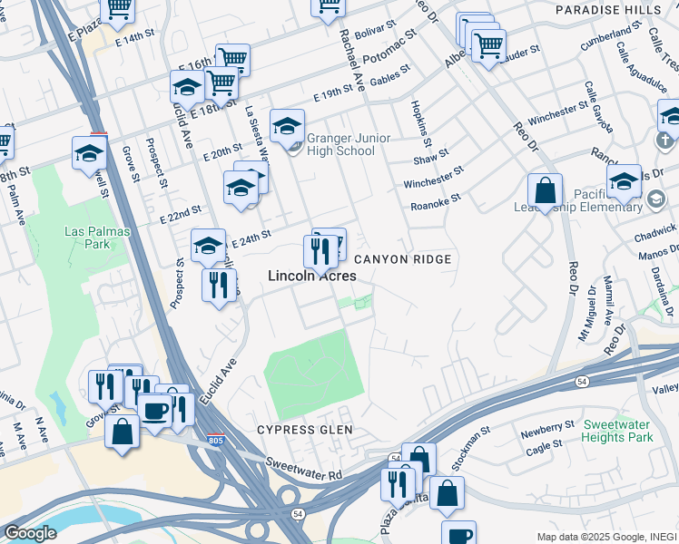 map of restaurants, bars, coffee shops, grocery stores, and more near 2531 Granger Avenue in National City
