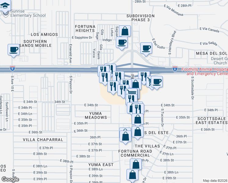 map of restaurants, bars, coffee shops, grocery stores, and more near 11274 South Fortuna Road in Yuma