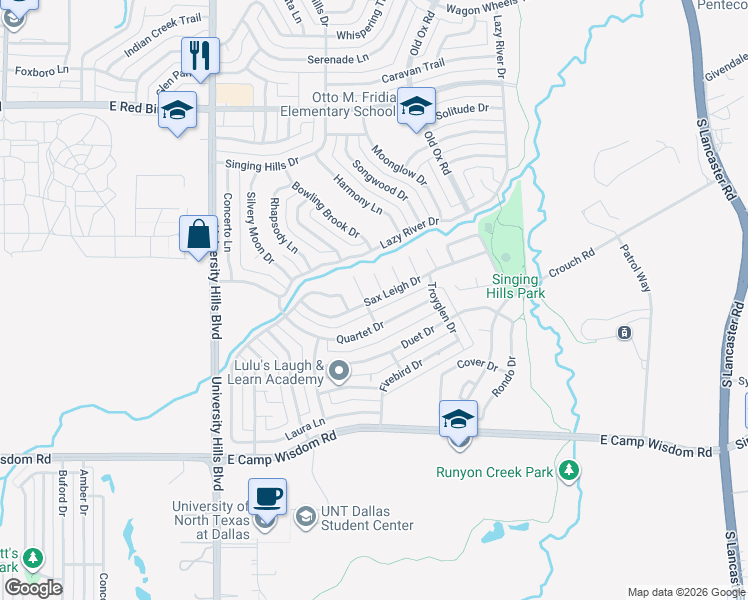 map of restaurants, bars, coffee shops, grocery stores, and more near 1410 Sax Leigh Drive in Dallas