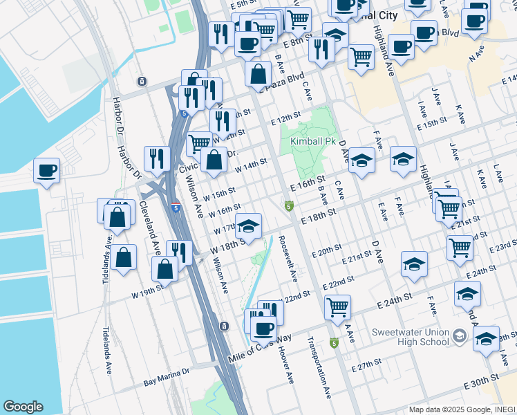 map of restaurants, bars, coffee shops, grocery stores, and more near 221 West 16th Street in National City