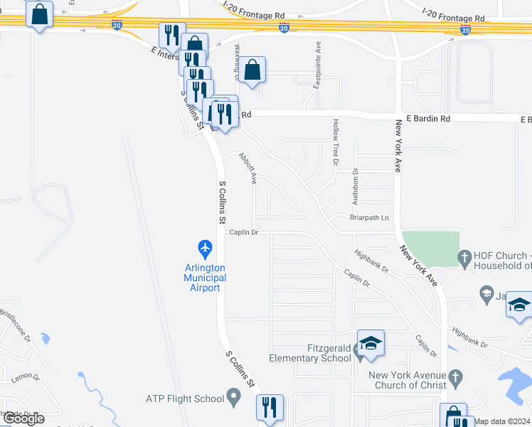 map of restaurants, bars, coffee shops, grocery stores, and more near 1407 Woodfern Drive in Arlington