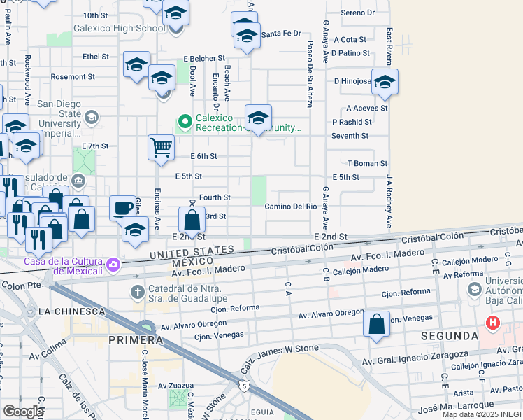 map of restaurants, bars, coffee shops, grocery stores, and more near 1108 Camino Del Rio in Calexico
