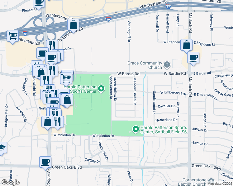 map of restaurants, bars, coffee shops, grocery stores, and more near 937 West Embercrest Drive in Arlington