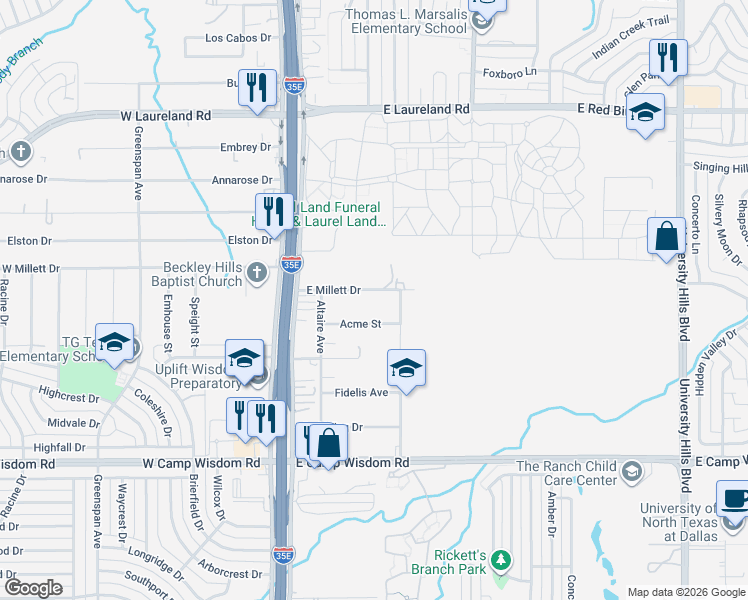 map of restaurants, bars, coffee shops, grocery stores, and more near 314 East Millett Drive in Dallas