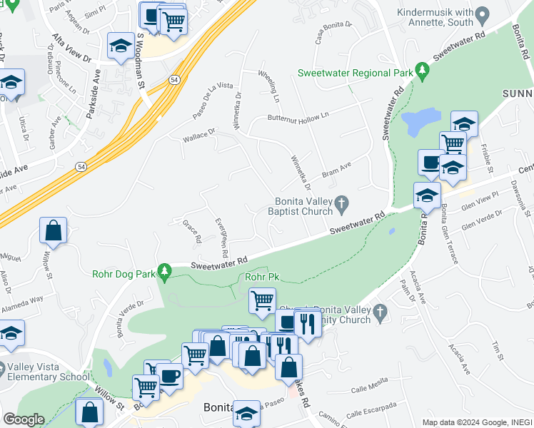 map of restaurants, bars, coffee shops, grocery stores, and more near 3430 Orchard Hill Road in Bonita