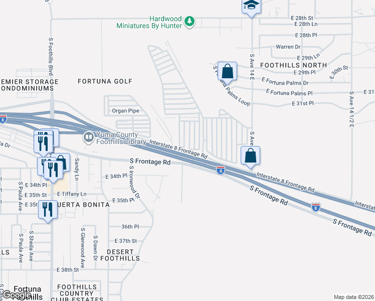 map of restaurants, bars, coffee shops, grocery stores, and more near 13606-13610 N Frontage Rd in Yuma