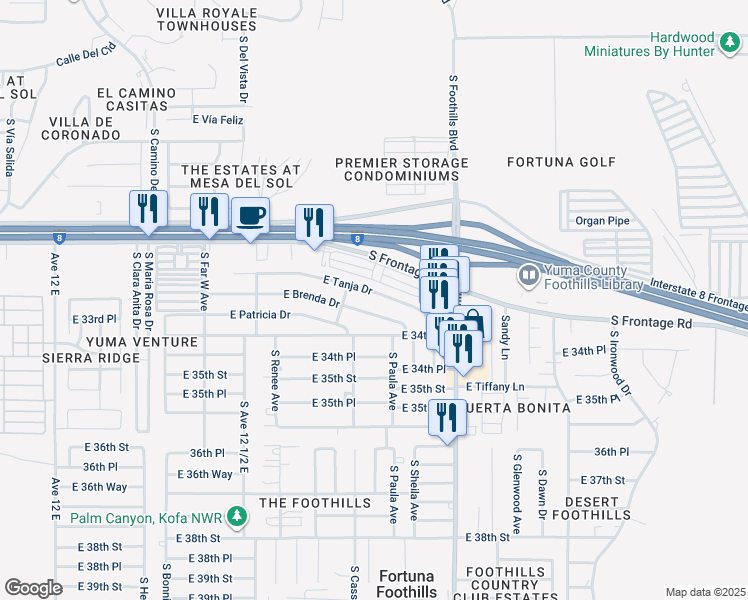 map of restaurants, bars, coffee shops, grocery stores, and more near 12715-12723 East Tanja Drive in Yuma