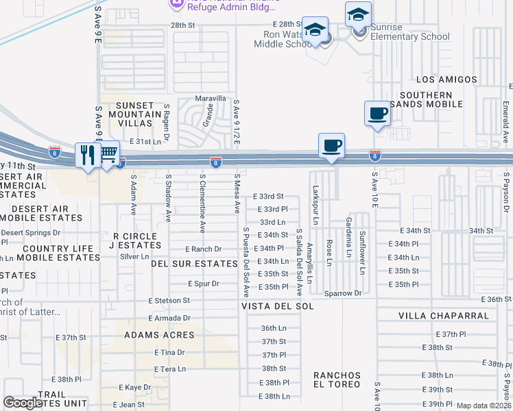 map of restaurants, bars, coffee shops, grocery stores, and more near 9585 E 33rd St in Yuma