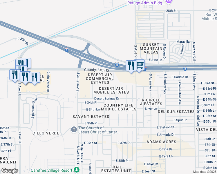 map of restaurants, bars, coffee shops, grocery stores, and more near 11208 S Cactus Wren Ln in Yuma