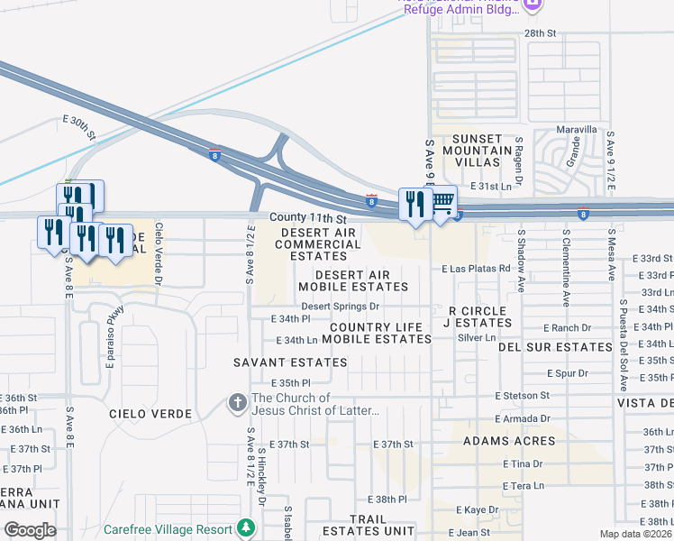map of restaurants, bars, coffee shops, grocery stores, and more near 11208 S Cactus Wren Ln in Yuma