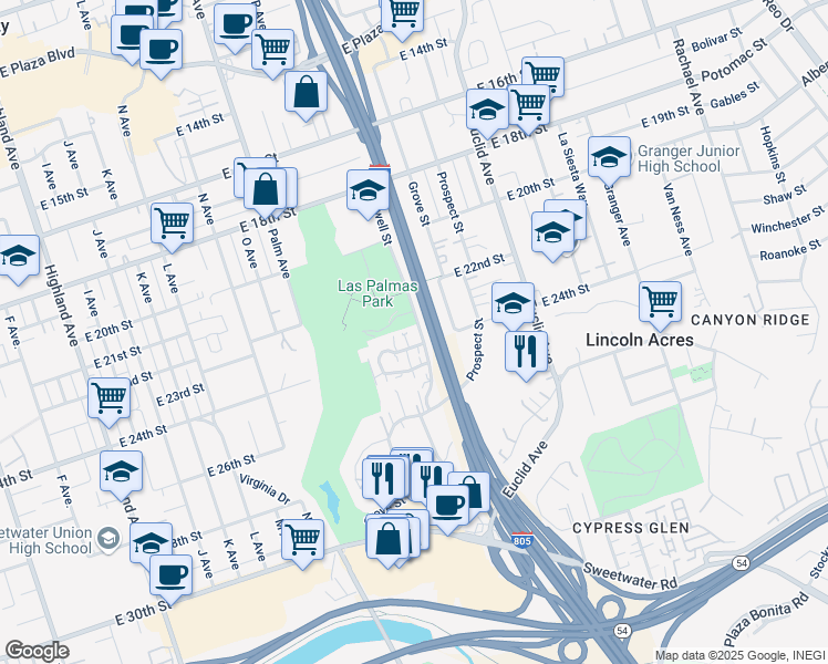 map of restaurants, bars, coffee shops, grocery stores, and more near 2330 Newell Street in National City