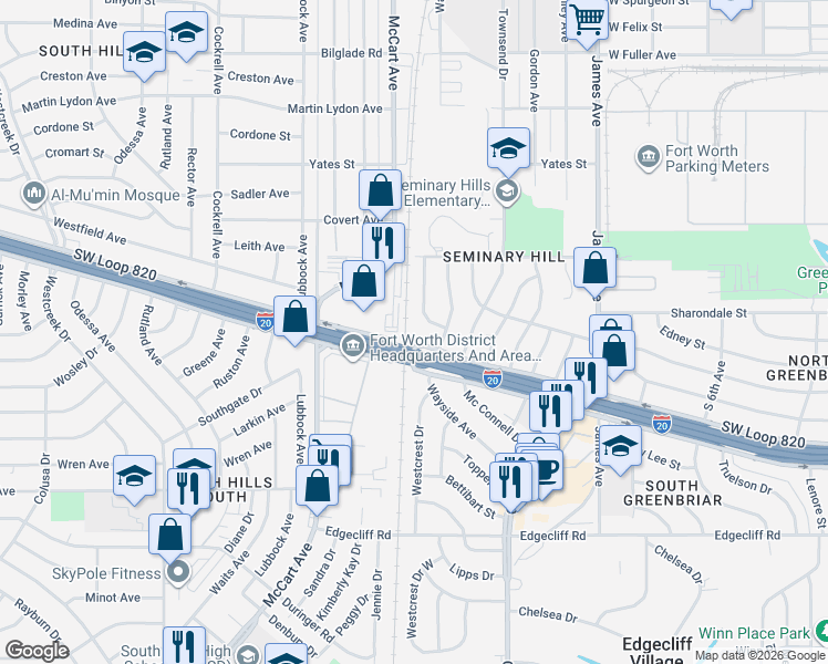map of restaurants, bars, coffee shops, grocery stores, and more near 5253 Westcrest Drive in Fort Worth