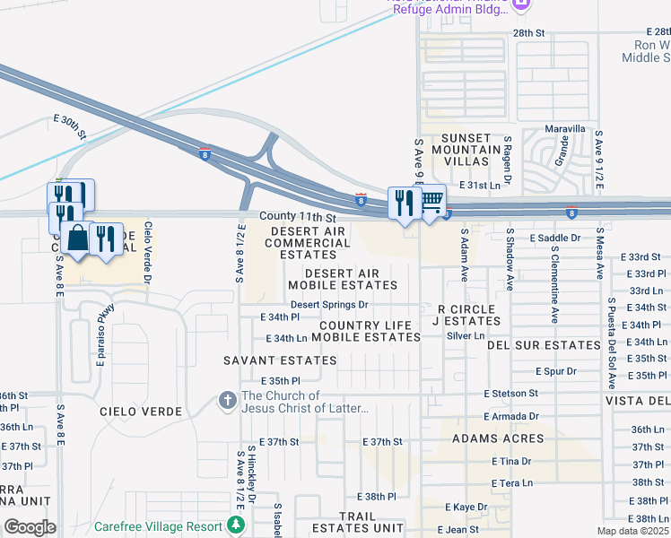map of restaurants, bars, coffee shops, grocery stores, and more near 11208 S Cactus Wren Ln in Yuma
