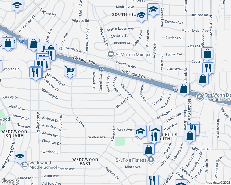 map of restaurants, bars, coffee shops, grocery stores, and more near 5404 Westcreek Drive in Fort Worth