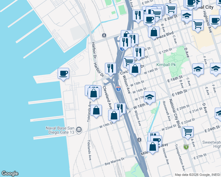 map of restaurants, bars, coffee shops, grocery stores, and more near 1420 McKinley Avenue in National City