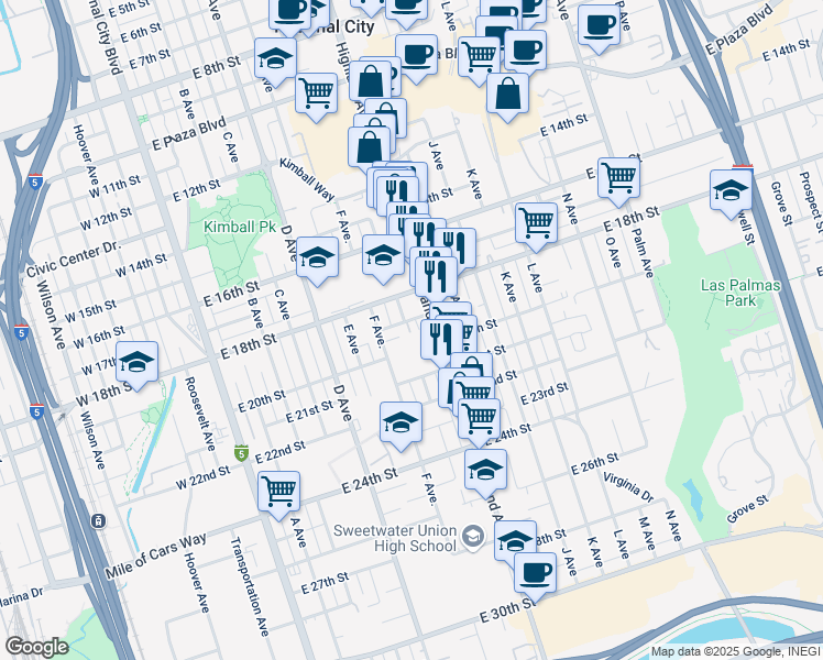 map of restaurants, bars, coffee shops, grocery stores, and more near 1841 G Avenue in National City